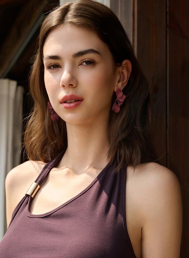 FAUTHENTICUTE Burgundy Flower Earrings For Women Large Wine Red Painted Floral Dangle Statement Earring Chunky Fall Earrigs Gift - Image 4